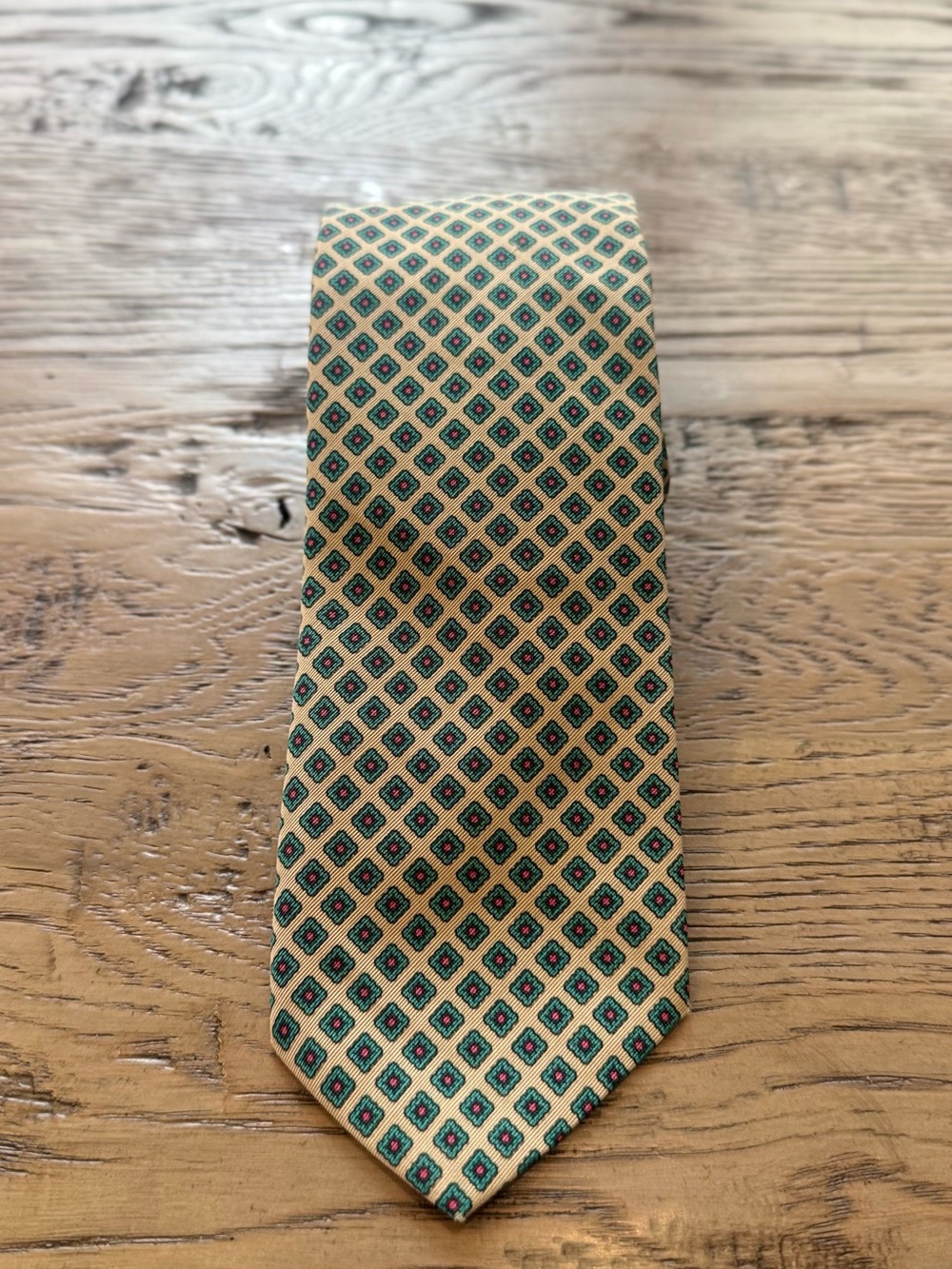 Chaps Yellow Silk Tie with Green and Red Geometric Motif
